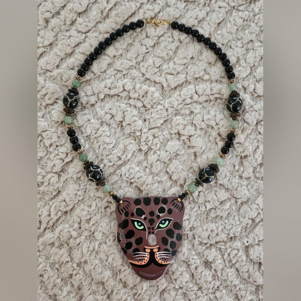 Lee Sands Vintage Painted Leopard Coco Wood Beaded Statement Necklace